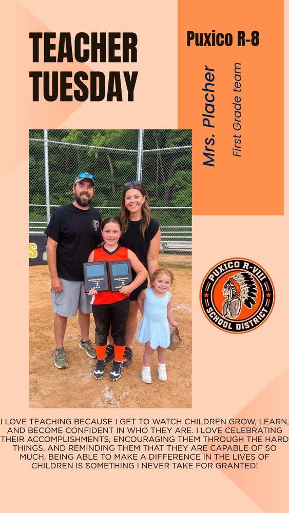 🍎📚 #TeacherTuesday 📚🍎 This week, we are excited to recognize Mrs. Placher, one of our amazing first-grade teachers! She creates a caring, encouraging classroom where her students feel loved, supported, and excited to learn. Her patience, dedication, and positive attitude make a difference every single day! Thank you, Mrs. Placher, for all you do for our students and Puxico Elementary! We are so lucky to have you! 🧡🖤 #PuxicoProud #PuxicoIndians #FirstGrade #TeacherSpotlight