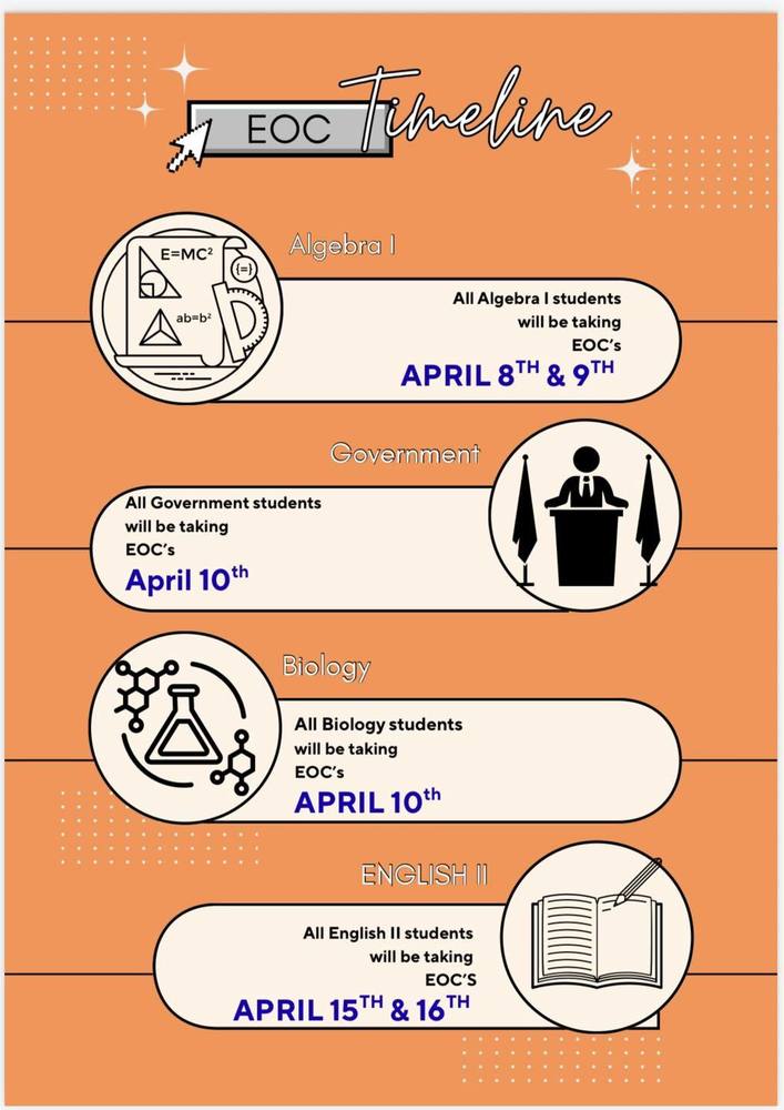 EOC’s are coming up for PHS! Look over the schedule to see when your student will be testing.
