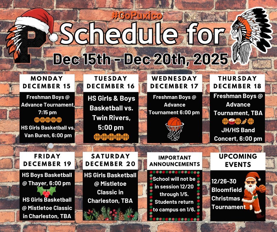 Here are our events for the last week before break. For high school students, this is our Finals Week. Make sure you are rested and ready to test!