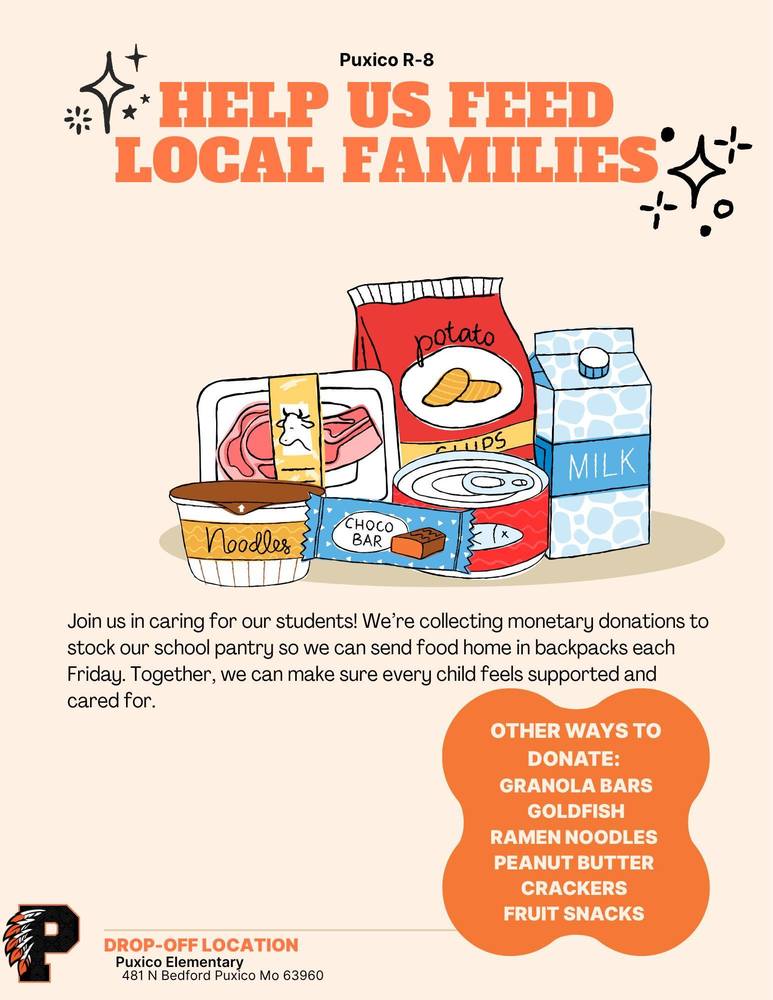 We are collecting donations to help fill our Friday Backpack program! These backpacks provide students with easy, kid-friendly food to take home over the weekend. Thank you for supporting our school and helping take care of our kids