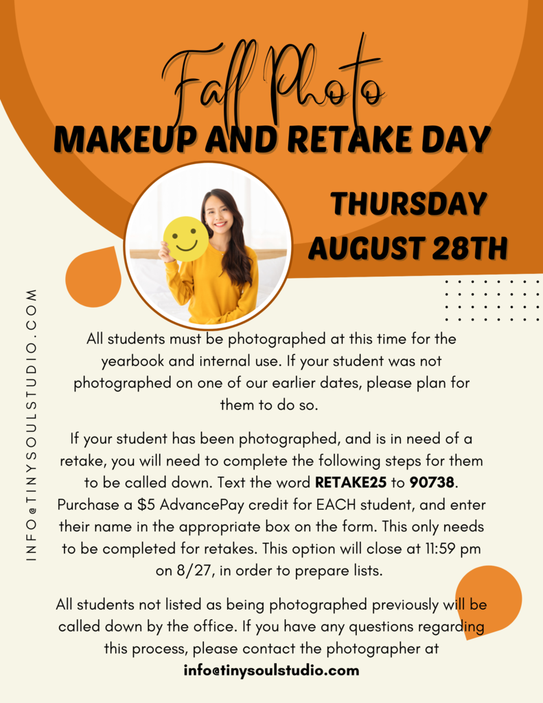 Fall Photo Makeup and Retake Day, - Thursday, August 28th