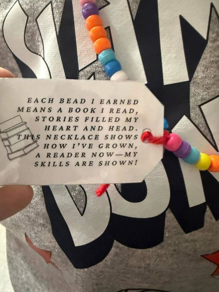 Each student’s necklace tells a story 📖✨ Every bead represents a book read, and today Mrs. Simmers’ second graders created their very own reading necklaces to celebrate their hard work and growth as readers. Watching their pride as they added each bead was so special! This small incentive has already sparked big motivation, and I can’t wait to see how many books they read during the second half of the school year. So proud of these readers! 📚💙  #puxicolearns