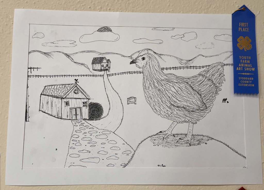 Art show drawing of chicken and farm houses