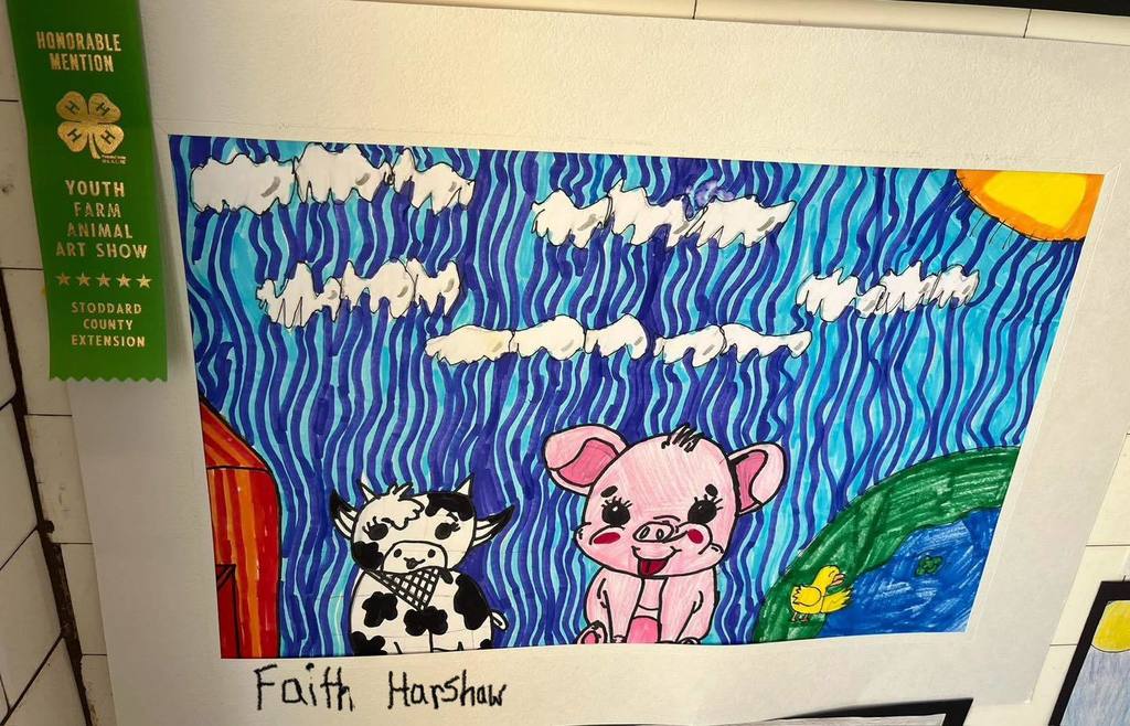 4-H club winners art work. drawing of pig and cow.