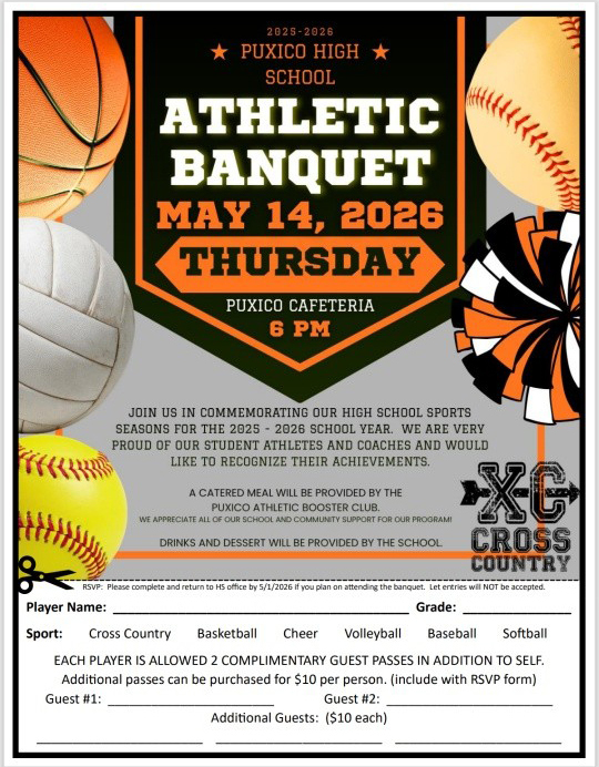 The 25-26 Arhletic Banquet will take place on May 14th at 6pm in the cafeteria. Forms must be turned in to Mrs. Hood by May 1st. 