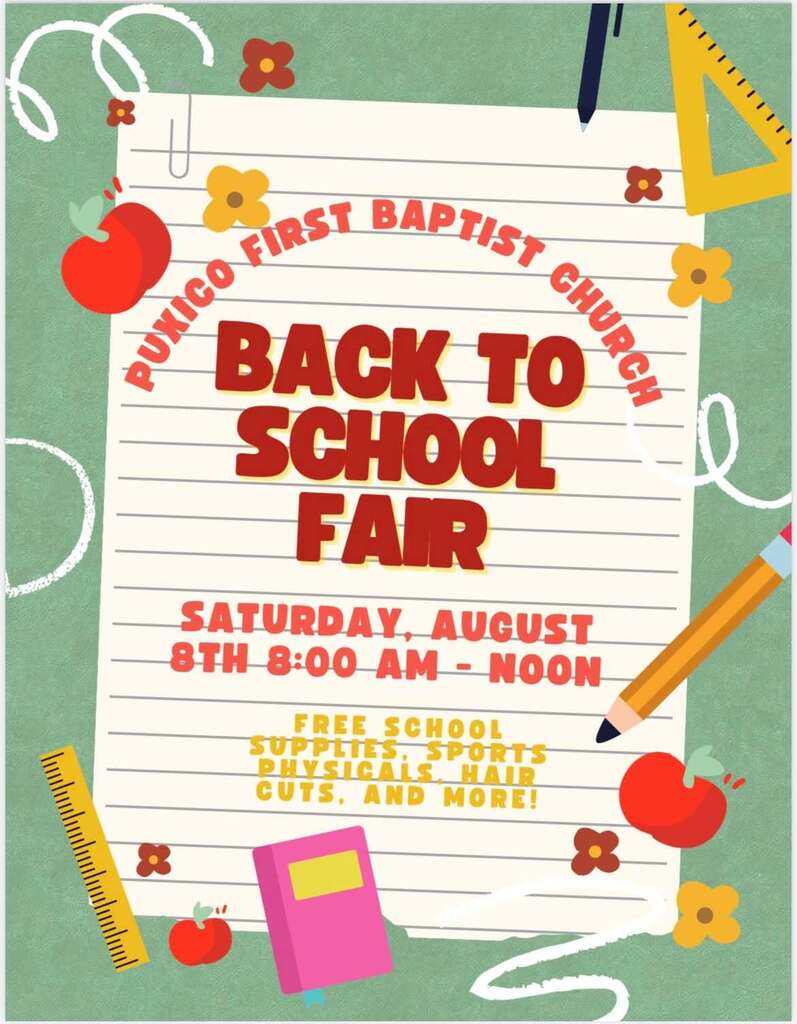 The 2026 FBC Puxico Back 2 School Fair is just around the corner! Saturday, August 8th from 8:00 AM til Noon! ✅Free School Supplies ✅Free Hair Cuts ✅Record Updates ✅Free Sports Physicals (Puxico Student-Athletes). We would greatly appreciate your prayers and support for our students, teachers, and staff as we prepare to kick off the upcoming school year!
