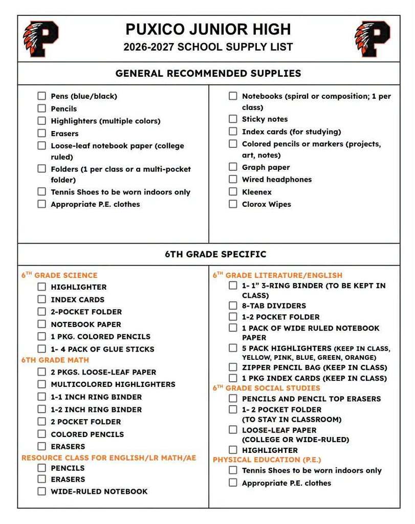 Junior High supply list 1