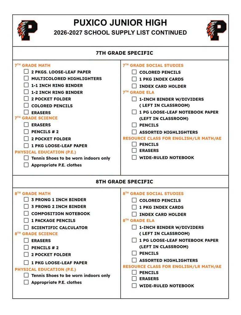 Junior High supply list 2