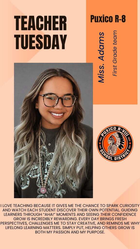 #TeacherTuesday Spotlight! Today we are celebrating Miss Adams, an AMAZING 1st Grade Teacher! 🧡🖤 Miss Adams brings so much energy, patience, kindness, and love for learning into her classroom each day. We are so lucky to have a teacher who cares so deeply about her students and goes above and beyond to help them grow! Thank you, Miss Adams, for all that you do! We appreciate you more than you know! Happy #TeacherTuesday, Miss Adams! #PuxicoIndians #PuxicoProud #FirstGrade #TeacherSpotlight