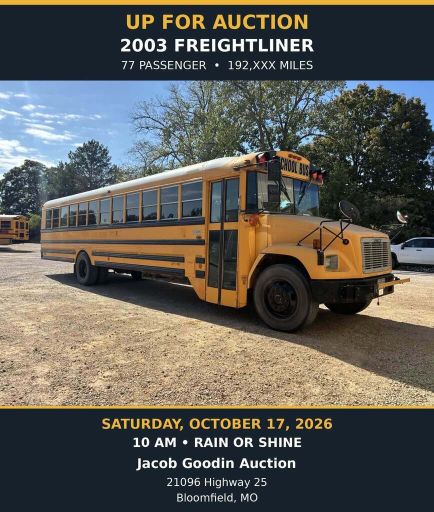 Puxico R-8 School will have this bus available for auction, Saturday, October 17, 2026 at Jacob Goodin Auction Service in Bloomfield, MO.