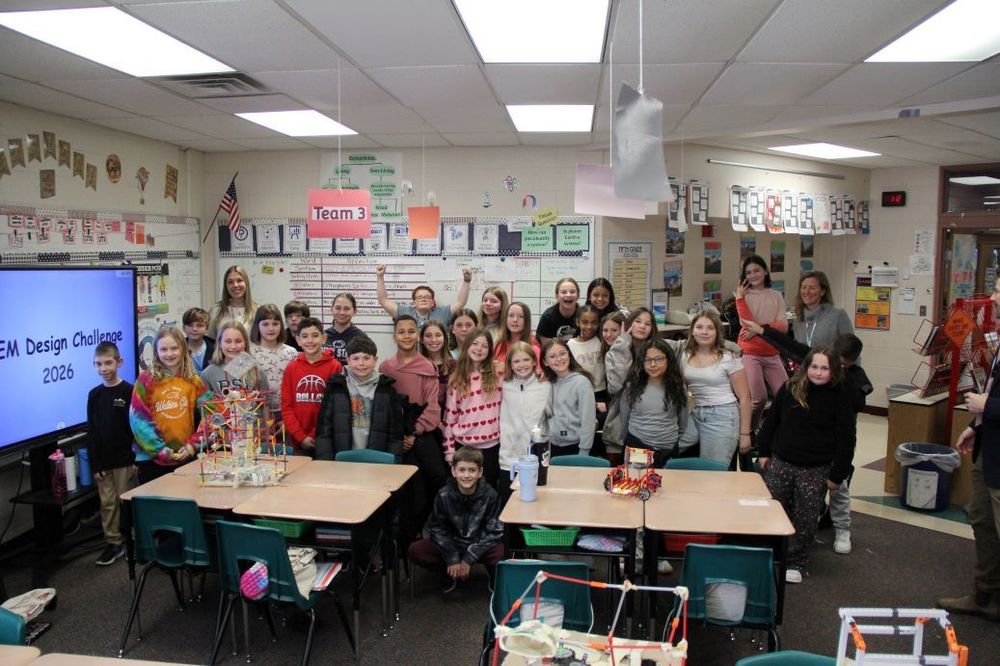 Trumbauersville Students smile for a group photo with their Bucks County IU STEM Challenge inventions