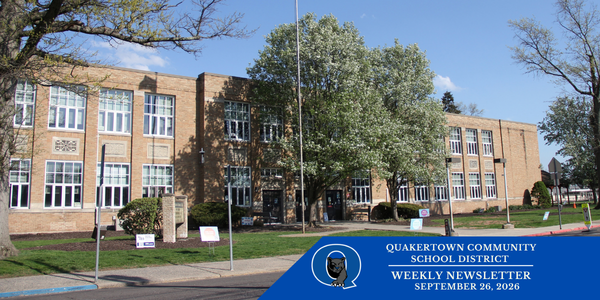 Newsletter cover photo of the front of Quakertown Elementary