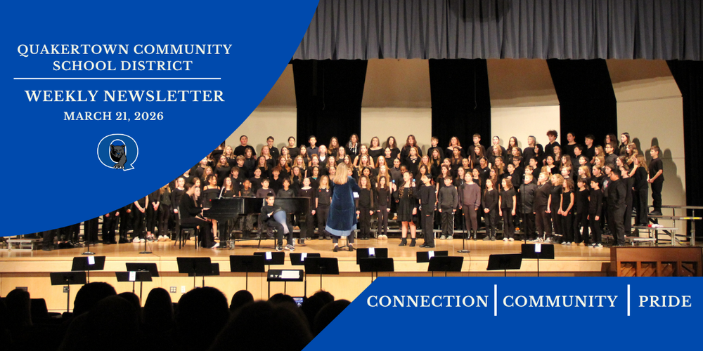 Quakertown Community School District Weekly Newsletter Cover Photo of the Sixth Grade Center Chorus singing before a conductor on the Strayer Middle School stage