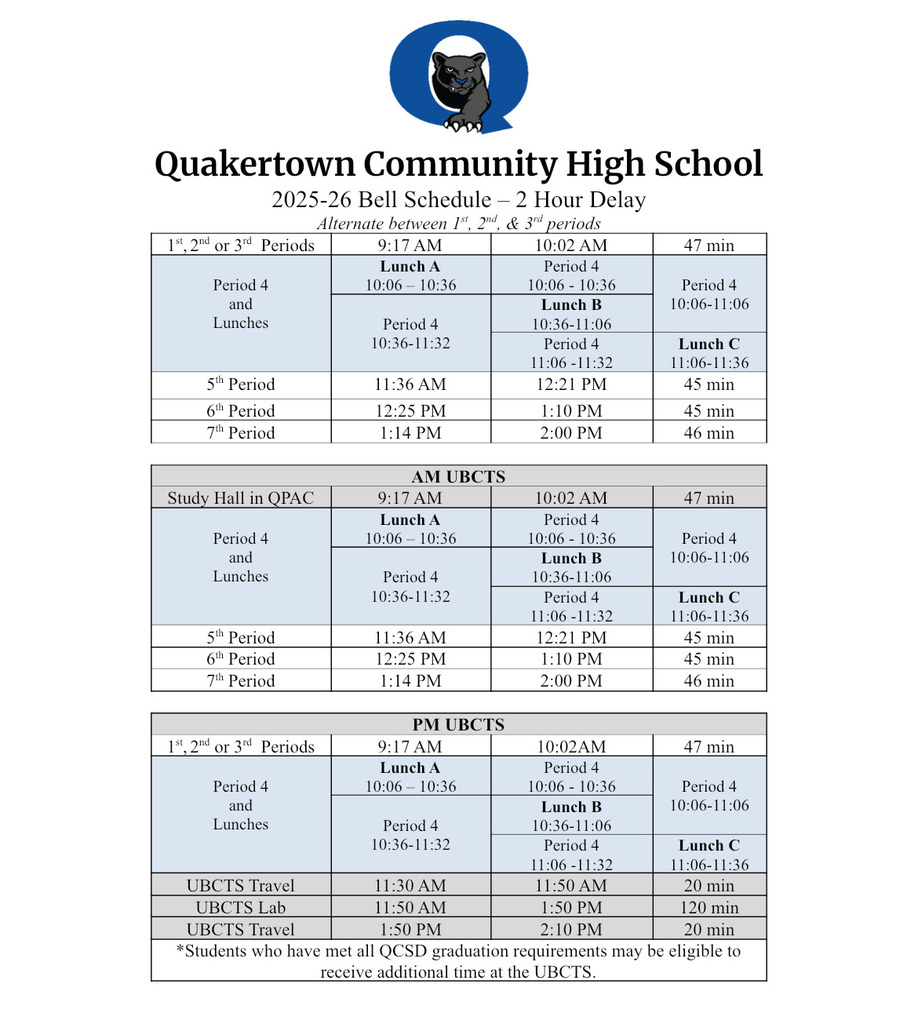 QCHS 2 Hour Delay Schedule