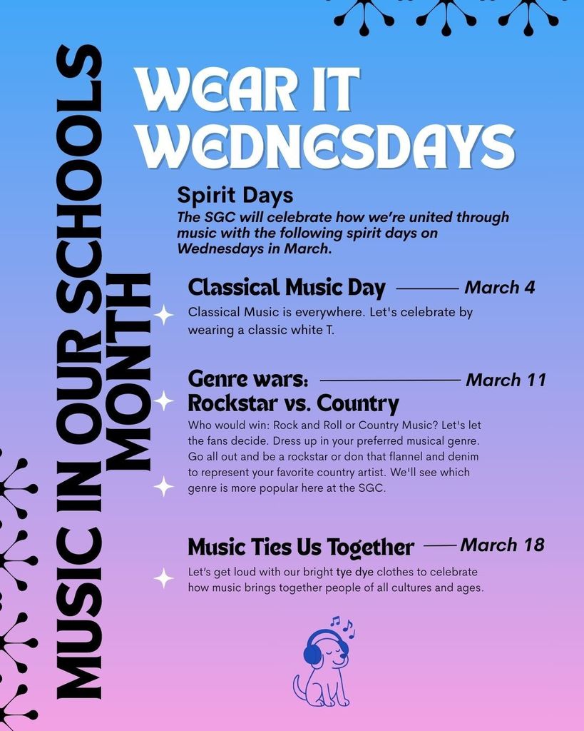 For over 40 years, March has been “Music in Our Schools” Month—a time when music education is celebrated nationwide. The goal? To raise awareness of the importance of music education and highlight that QCSD students have access to valuable music programs. Last week’s “Wear It Wednesday” at the Sixth Grade Center featured Rock & Roll vs. Country! This Wednesday (3/18), students and staff are encouraged to wear tie-dye as we celebrate music across all cultures and generations. Happy Music in Our Schools Month SGC!