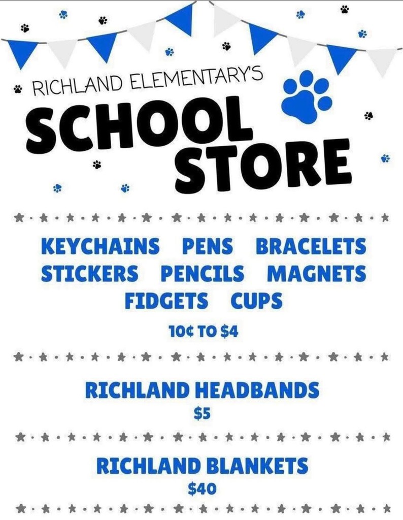 TGIF this Friday, because the Richland School Store is open at lunchtime! What's on sale?  - Keychains - Pens - Bracelets - Stickers - Pencils - Magnets - Fidgets - Cups  Prices: $0.10 to $4.00 Richland Headbands: $5 Richland Blankets: $40 Get ready to shop til you drop this Friday, March 20th!