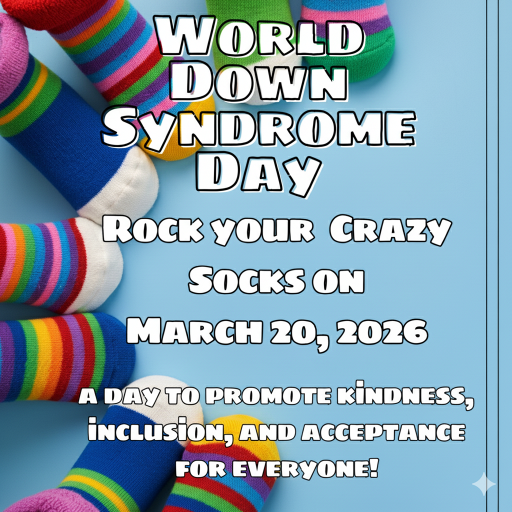 Grab your most colorful pair of socks, and join us this Friday, March 20th, to celebrate World Down Syndrome Day! Wear your boldest, your brightest, and your most eye-catching pair to say “Listen up, the Down Syndrome Community has something to say!” And have fun at home, and design your own pair of socks in support. Click here to download your socks and create your boldest pair yet: https://www.worlddownsyndromeday.org/wp-content/uploads/2025/12/Lots-Of-Socks-colouring-sheets.pdf