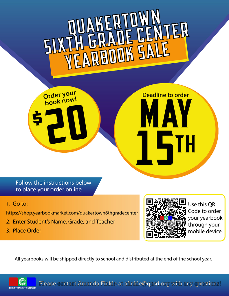 Sixth Graders! Don’t miss your shot to capture the memories! Yearbooks are on sale NOW — and they’re going fast! From spirit days to special events, make sure your favorite moments last forever! Order your Yearbook today: https://shop.yearbookmarket.com/quakertown6thgradecenter