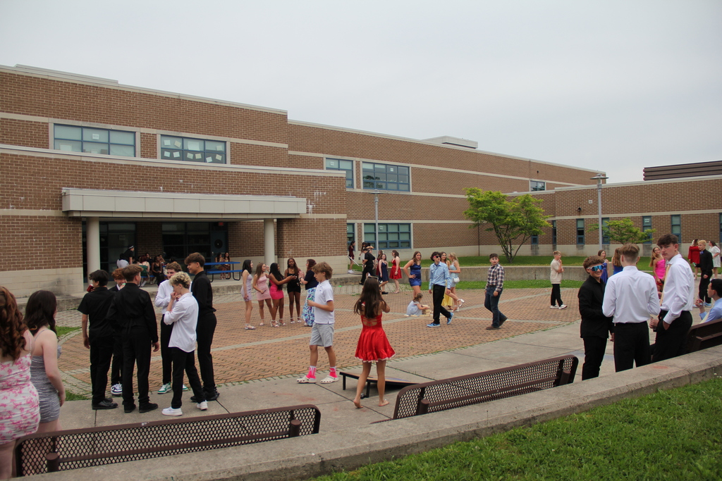 Eighth Grade Dance - students gathering in the court yard outside