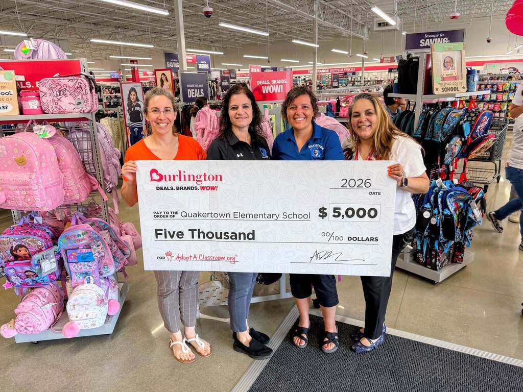 Thank you to our new neighbors Burlington and the national nonprofit AdoptAClassroom.org for their support of Quakertown Elementary! We are overwhelmed by their generous $5,000 donation to help further our students’ education in the 2026-2027 school year! This morning, Principal Dr. Bubser, Interim Superintendent Dr. Hoffman, and School Board Director Ms. Merola attended the ribbon-cutting celebration to officially welcome our new neighbor to Quakertown! Thank you for this amazing gift!