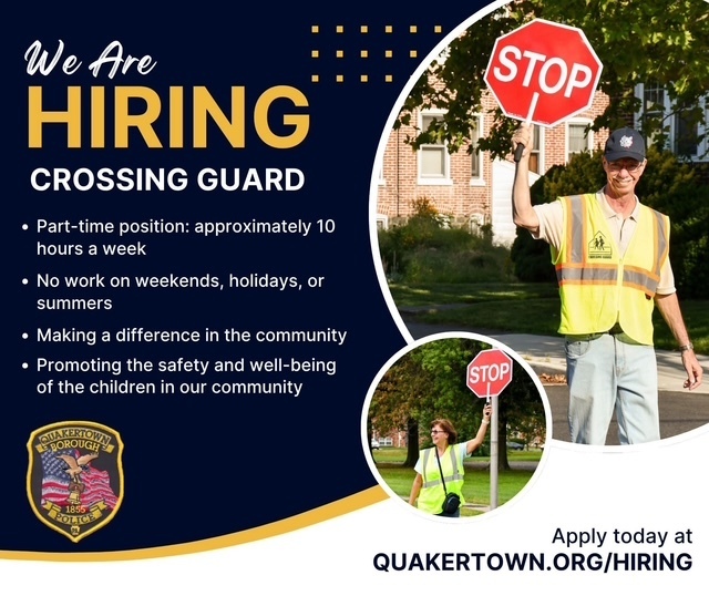 Make a Difference in Your Community! The Quakertown Borough Police Department is looking for dedicated Crossing Guards to help keep our students safe as they travel to and from school. This part-time opportunity offers: Approximately 10 hours per week No weekends, holidays, or summer work A chance to make a meaningful impact on the lives of local children If you're looking for a rewarding way to serve your community, we'd love to have you join the team! Apply today: quakertown.org/hiring
