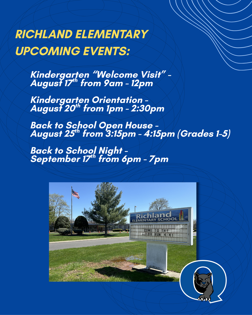 Mark Your Calendars Richland Leaders - it's almost "Back to School" time, and we have lots of events to welcome you back! Kindergarten Families: We have two events for you! The first is an informal "Welcome Visit" to give your little one a first look before Kindergarten Orientation. We welcome families on August 17th from 9am - 2pm. Please click below to sign up and learn more: https://www.signupgenius.com/go/5080C4AA8A92FAAF58-64725914-richland#/ Kindergarten Orientation will be held Thursday, August 20th at 1pm - 2:30pm. Incoming studens and families will have the opportunity to meet their teachers and explore their new school. Back to School Open House is happening on Tuesday, August 25th from 3:15pm - 4:15pm for Grades 1-5! Meet your new teachers, visit your classrooms and drop off school supplies before the big first day on August 31st! And finally, Back to School Night is taking place on Thursday, September 17th from 6pm - 7pm for families in grades 1-5! We can't wait to see you and start the new school year!