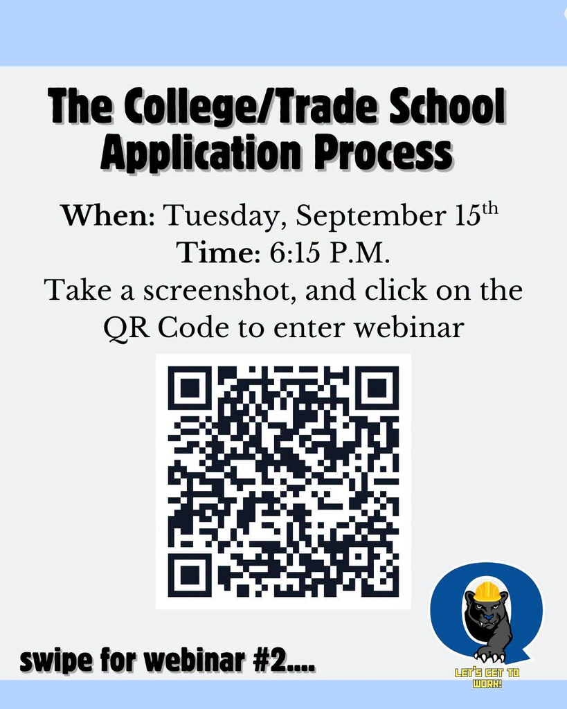 TONIGHT! Class of 2027 Parents - join us for our first of two webinars from the Future Readiness Center: The College/Trade School Application Process Tuesday, September 15 | 6:15 PM Learn about the application process and what seniors and families should know as they prepare for life after graduation. To join this Zoom, click here: https://us06web.zoom.us/j/86285676791#success Questions? Mr. Gozzard Future Readiness Coordinator egozzard@qcsd.org Mrs. Henry Senior House Counselor ehenry@qcsd.org Follow the Future Readiness Center on Instagram: @QCHSFutureReadiness Explore the Future Readiness Center: https://hs.qcsd.org/o/qchs/page/future-readiness-center