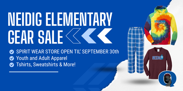 NEIDIG ELEMENTARY SPIRIT WEAR — SHOW YOUR SPIRIT!  Grab your favorite school gear and represent our community wherever you go!  T-Shirts • Hoodies • Sweatshirts • Pants • Blankets  Youth and adult sizes available. Choose from a variety of colors, styles and designs!  ORDER DEADLINE: Wednesday, September 30 at 11:59 PM  To browse available items and place your order, click here:  https://freepressllc.chipply.com/Neidig/  Orders will be delivered to school and sent home with your student!  Thank you to The Free Press for supporting our Quakertown Panthers!