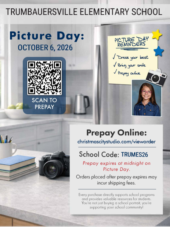 Say cheese, Trumbauersville! Picture Day is coming up!  Mark your calendars for Tuesday, October 6th! We’re looking forward to capturing those smiles, personalities, and special school-day memories.  Want to order pictures ahead of time? You can prepay for your picture package online: Visit: https://www.christmascitystudio.com/vieworder School Code: TRUMES26 Picture Day: October 6th Be sure to have your school code handy when placing your order, and don’t forget to send your student to school ready to smile!
