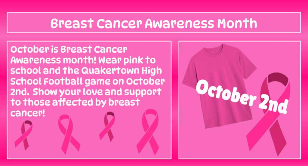 STRAYER, LET’S WEAR PINK! October is Breast Cancer Awareness Month, and this Friday, October 2, we’re showing our support by wearing PINK! Strayer Families are encouraged to wear pink to school and to the Quakertown High School football game that evening. Let’s fill the halls and the stands with pink and show our love and support!
