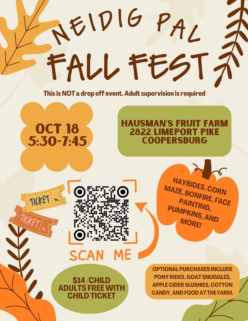 Mark your calendars and join us for Neidig Elementary PAL's Fall Fest at Hausmann’s Fruit Farm on Sunday, October 18th from 5:30pm - 7:30pm. The day includes: -Pumpkins -Corn maze -Hayrides -Bonfire -Face painting And MORE! Tickets: $14 per child Adults are FREE with a child ticket! Children under 2 do not need a ticket. Where: Hausmann’s Fruit Farm 2822 Limeport Pike, Coopersburg, PA Please note: This is NOT a drop-off event. Adult supervision is required. Grab your tickets here: https://www.zeffy.com/en-US/ticketing/pal-fall-fest-at-haussmann-farm 🍂 Come make some fall memories with us!