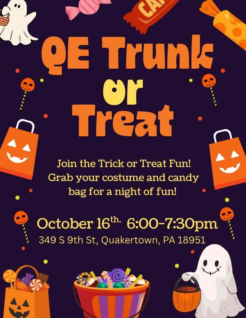 Join the Trick or Treat Fun! Grab your costume and candy bag for a night of fun! October 16th 6pm - 7pm at 349 South 9th Street, Quakertown PA