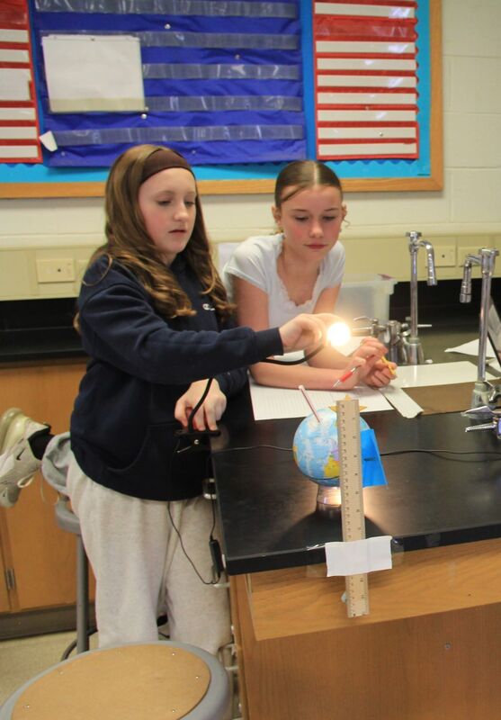 Students use their flashlights on their globes to identify the seasons.