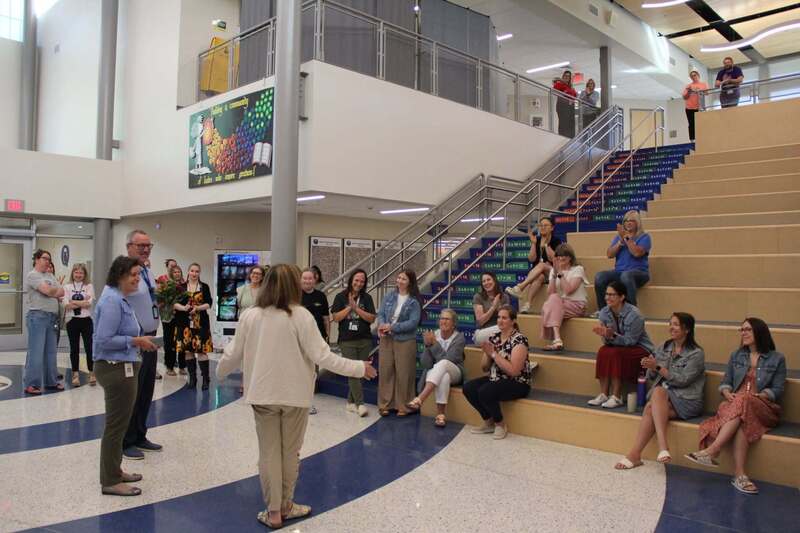 The entire staff at Neidig and Dr. Hoffman surprise Mrs. Demchick