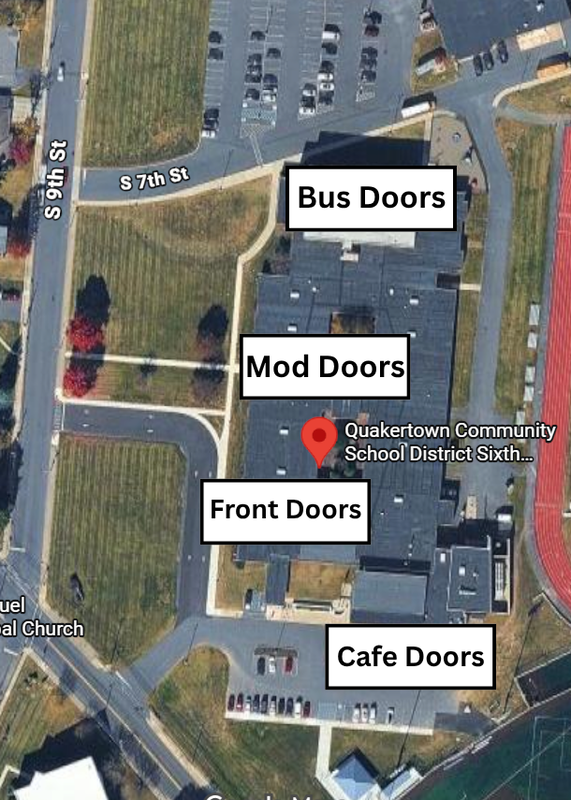 Aerial View of the building and where the entrances are located