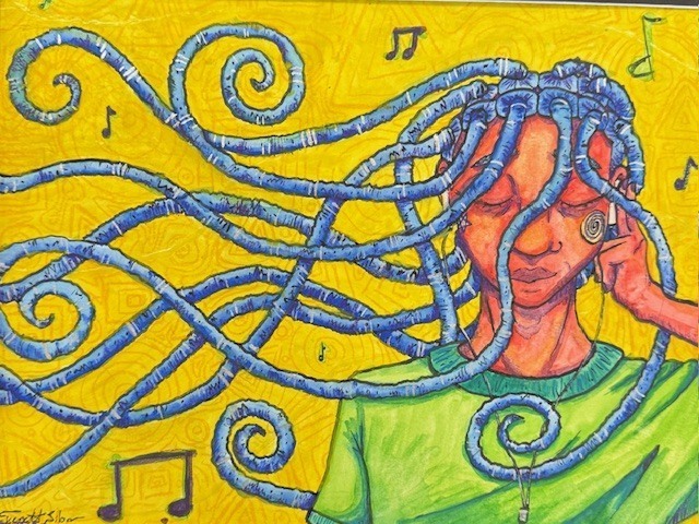• Everett Libor received First Place ($500) for “Music Soul,” an expressive piece featuring a figure wearing earbuds with flowing braids against a vibrant yellow background.