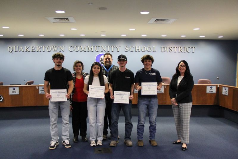 Our "Self-DIrected Leaders" from QCHS smile for a group photo with Interim Superintendent, Dr. Lisa Hoffman, QCSD School Board President Mr. David O'Donnell and House Principal Ms. Kelly Lannutti of QCHS.