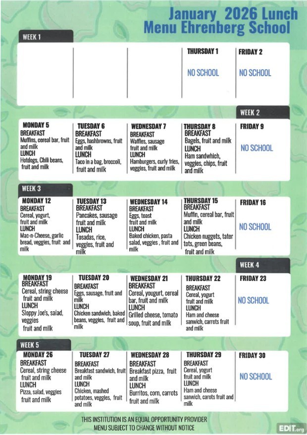 January 2026 Lunch Menu