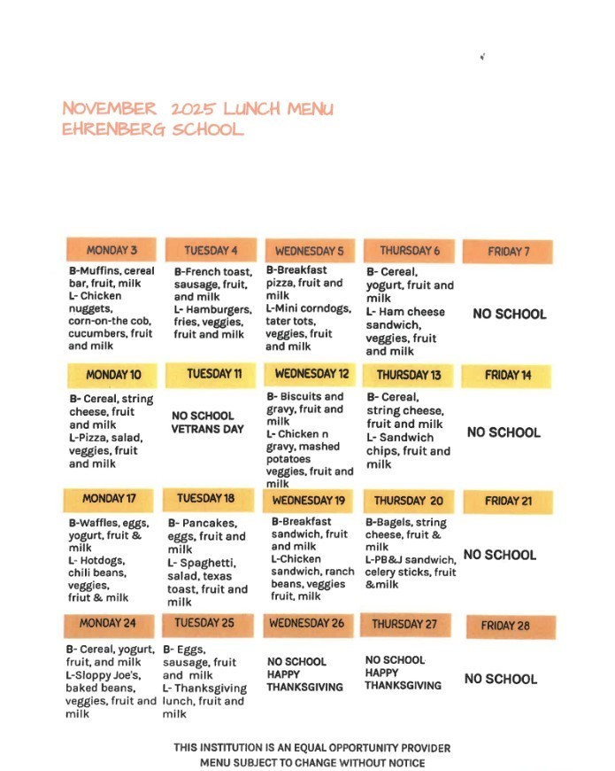 SY 25-26 November Lunch Menu