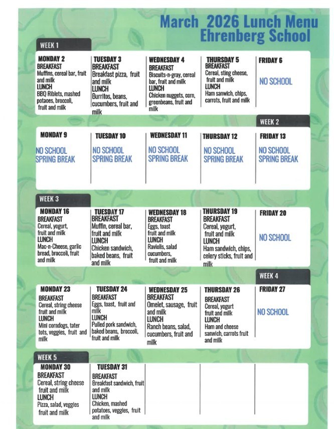 Lunch Menu - March, 2026
