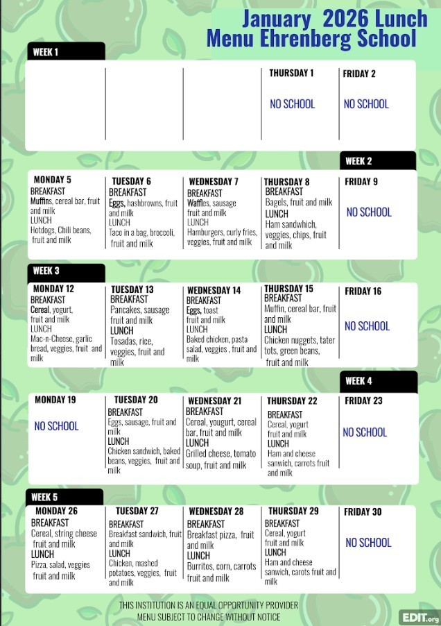 Revised January 2026 Lunch Menu