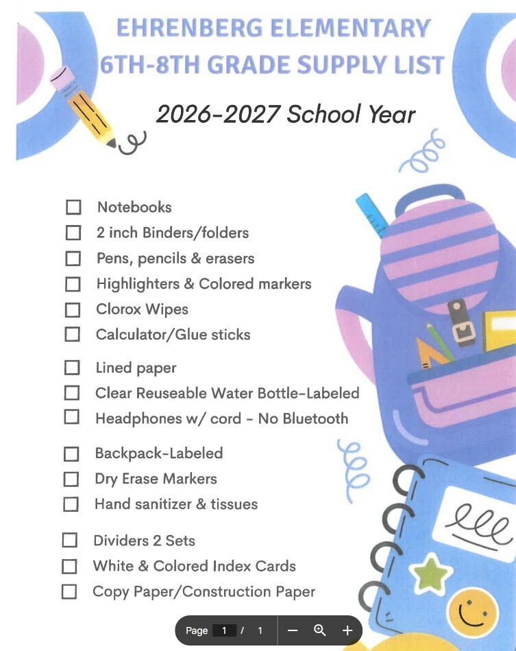 6th - 8th Classroom Supply List