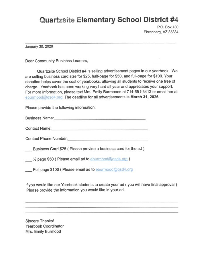 Quartzsite Elementary School 2026 Yearbook Advertisements