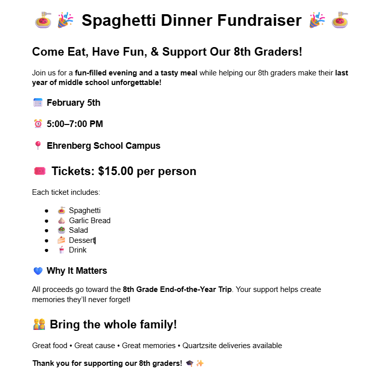 8th grade Spaghetti Dinner