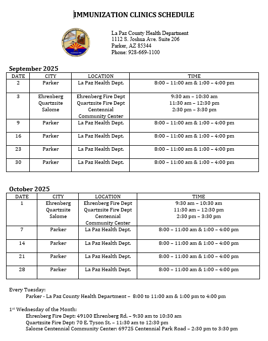 La Paz Health Department Schedule Sept.October