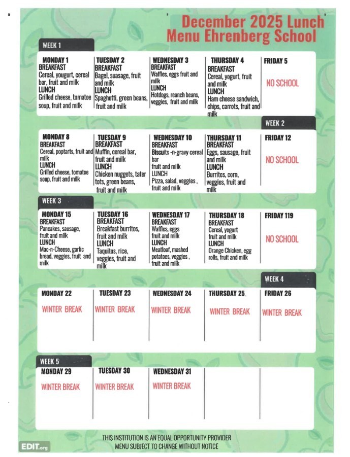 Lunch Menu - December, 2025