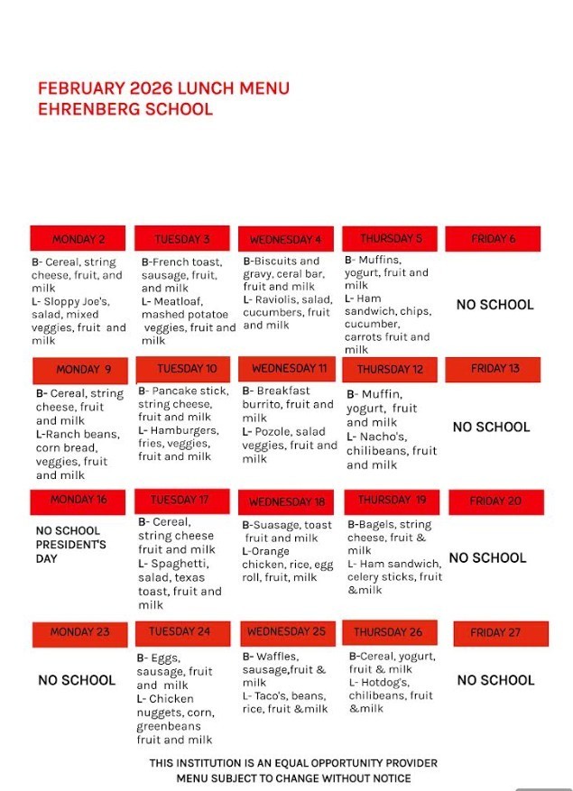 Revised 2026 Lunch Menu