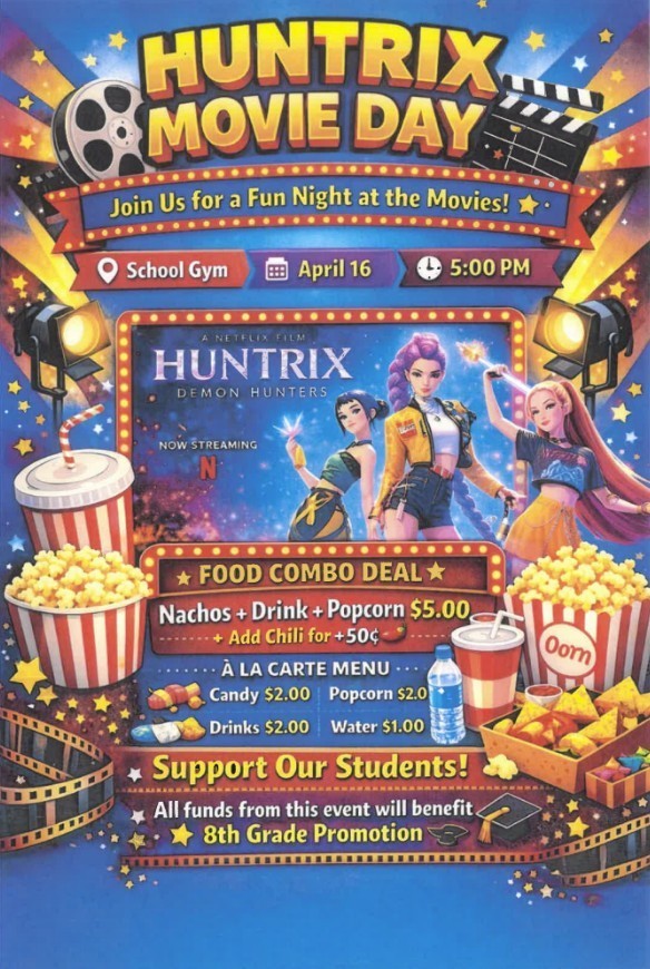 8th Grade Movie Night, Thursday, April 16, 2026!