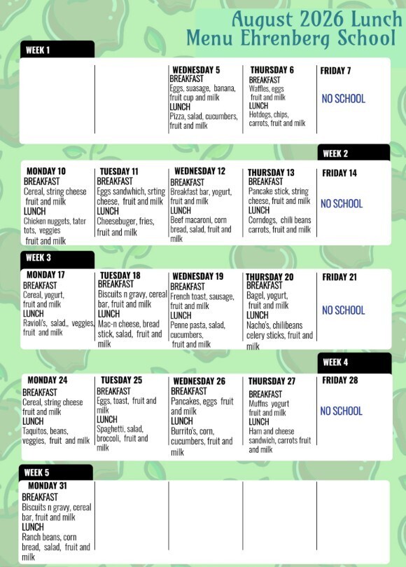 Lunch Menu - August, 2026