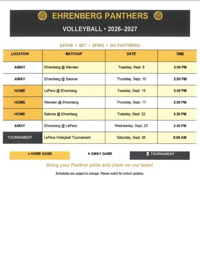 Ehrenberg Elementary 26-27 Volleyball Schedule
